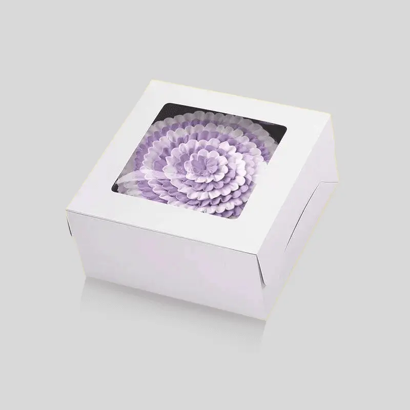 Bakery box with a PVC window panel allowing customers to see baked goods without opening the box