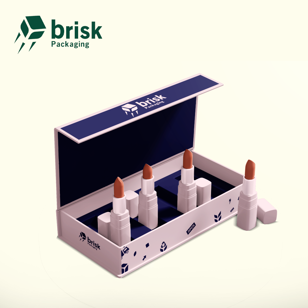 Custom Brisk box with product inserts holding cosmetic bottles