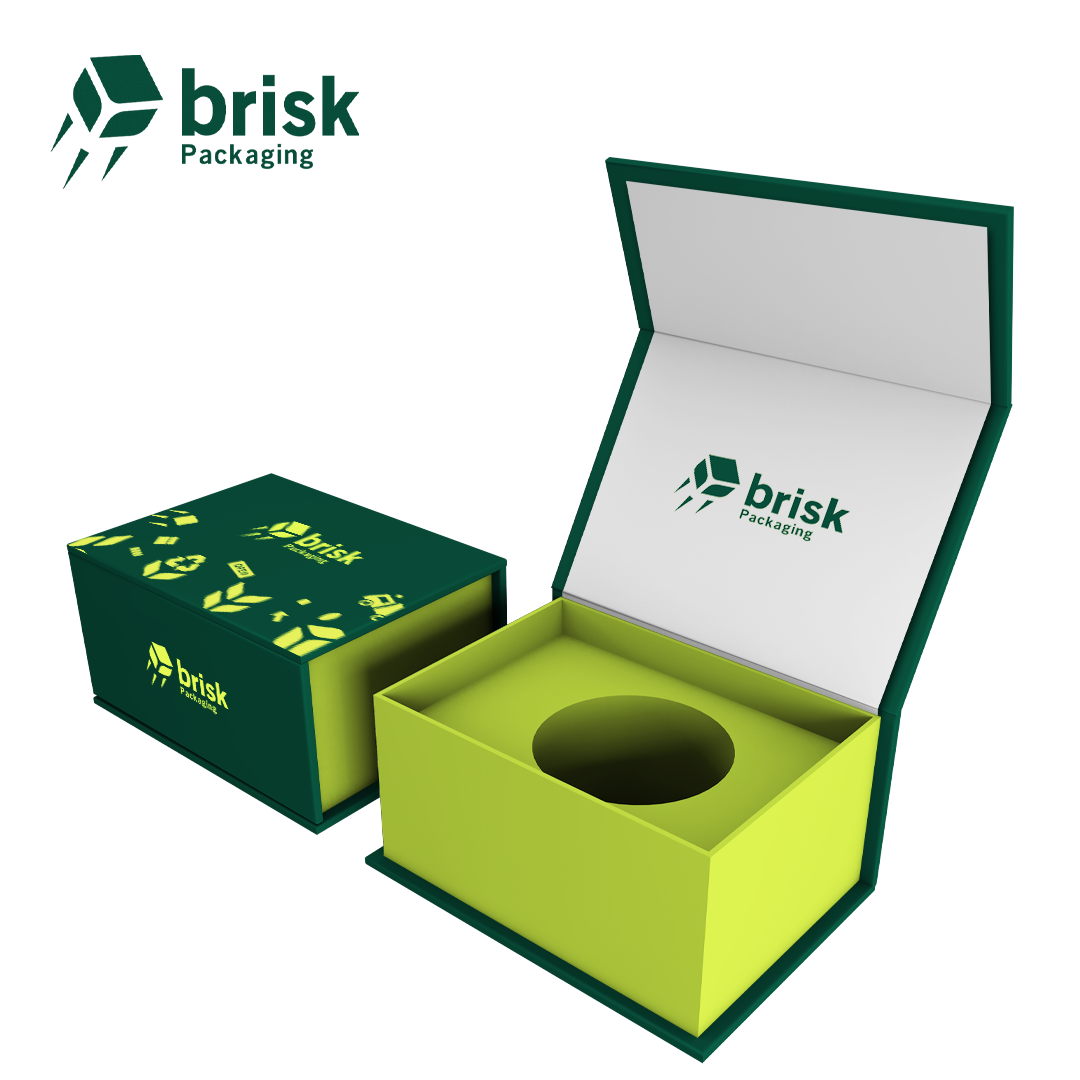 Open Brisk box with green insert and printed interior lid