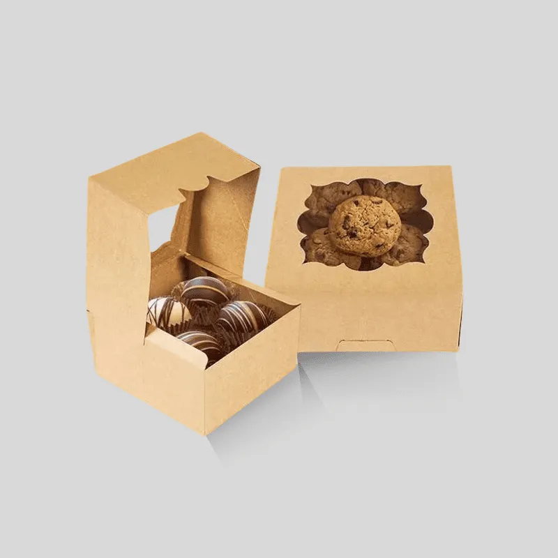Custom food packaging brown bakery box with window showing baked goods inside