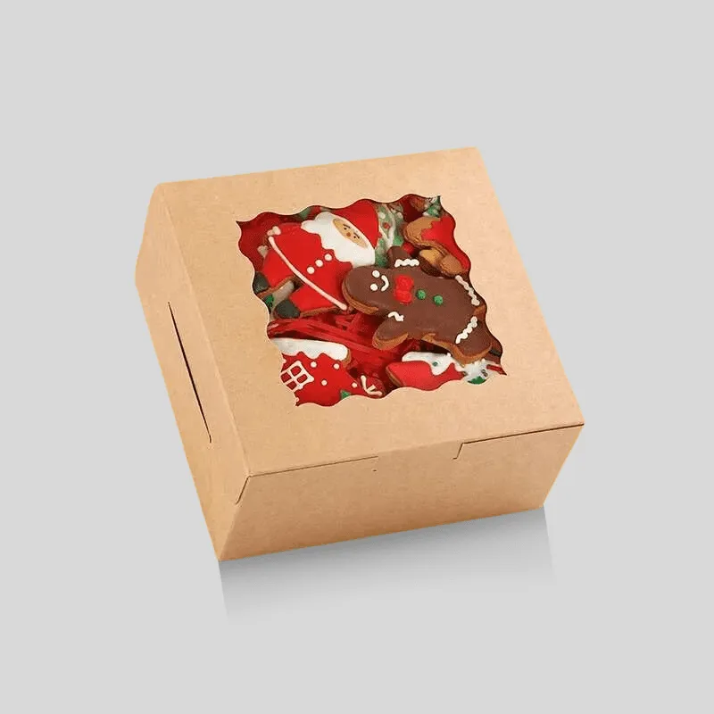 Brown bakery box with window patching for food product visibility