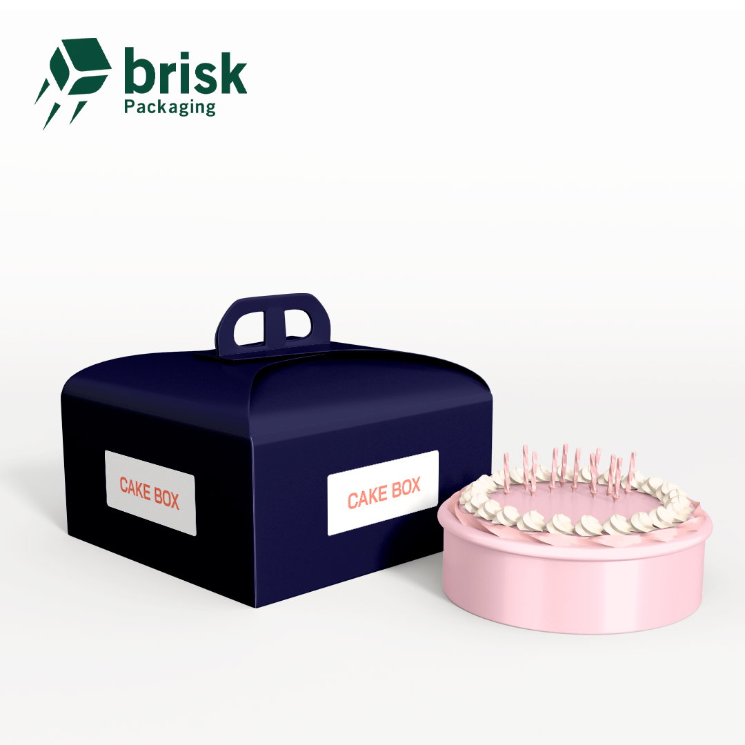 Brisk printed cake box presentation for a bakery brand