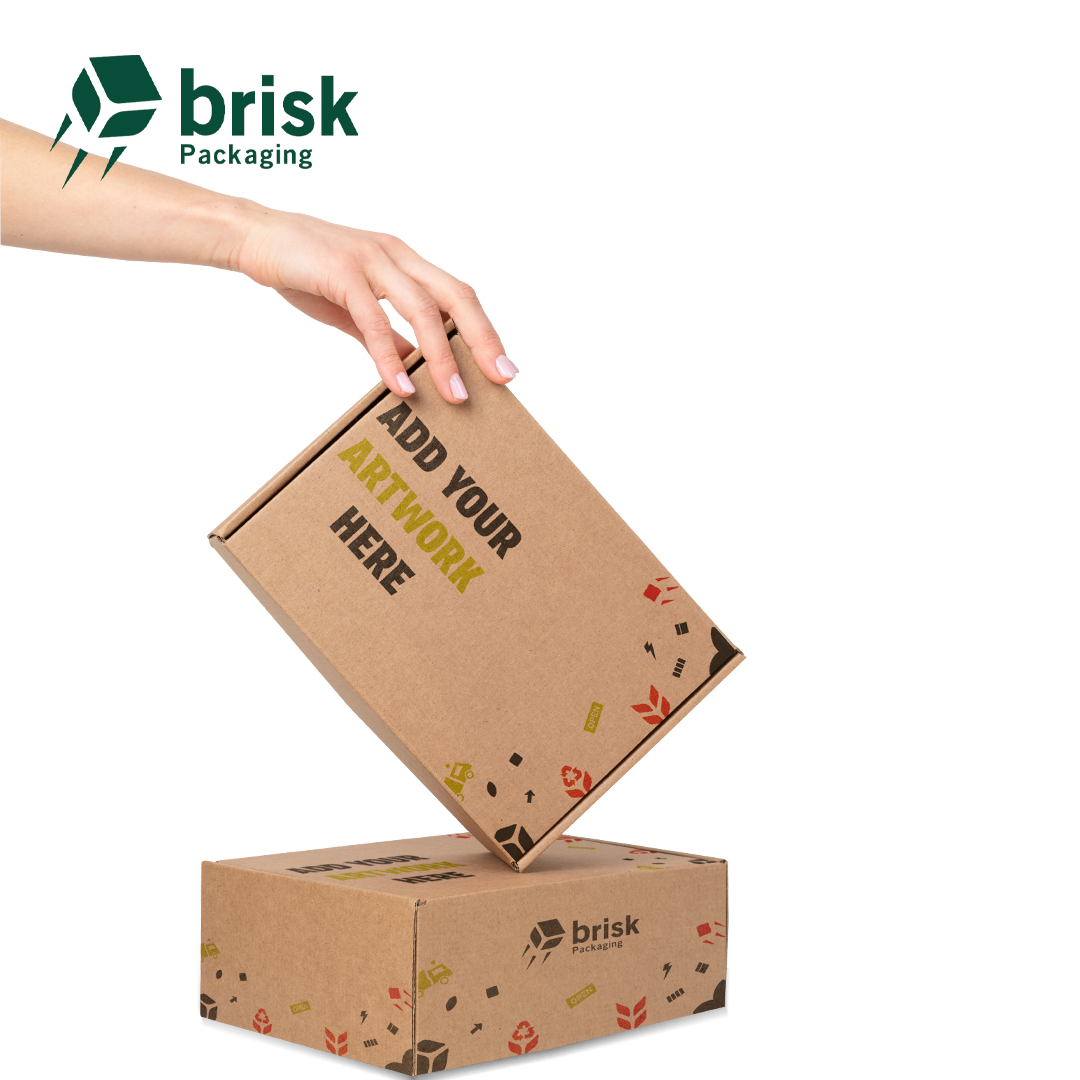 Cardboard mailer box opened by hand with branded kraft design