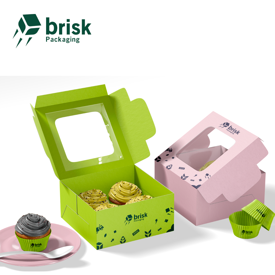 Brisk printed cupcake packaging box showing branded bakery presentation