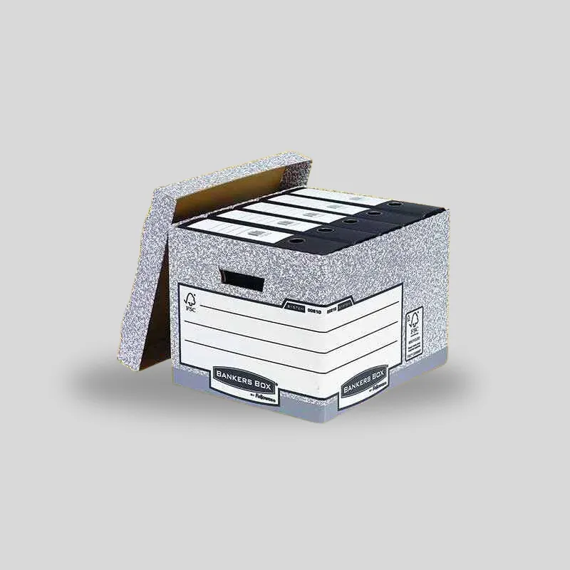 Custom banker storage boxes with lift-off lids and reinforced die-cut handholes for office file archiving