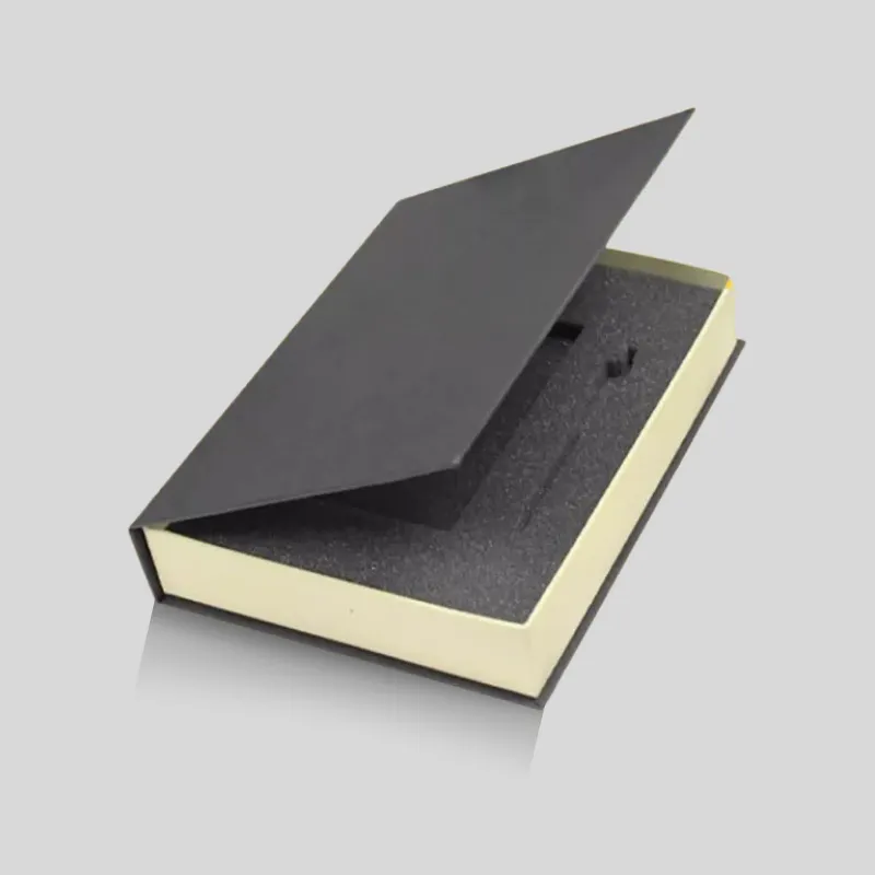 Detail view of concealed magnetic closure lip and precision wrapped book spine edge