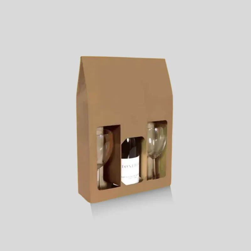 Custom bottle carriers with display window and reinforced top carry handle for beverage gift packaging