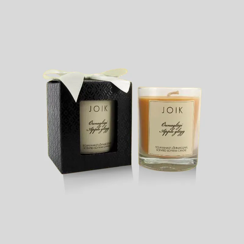 Custom candle box with a window panel framing the candle vessel for retail shelf display
