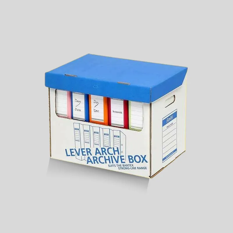 Custom file storage boxes with indexed label panels and secure lid closure for document retrieval