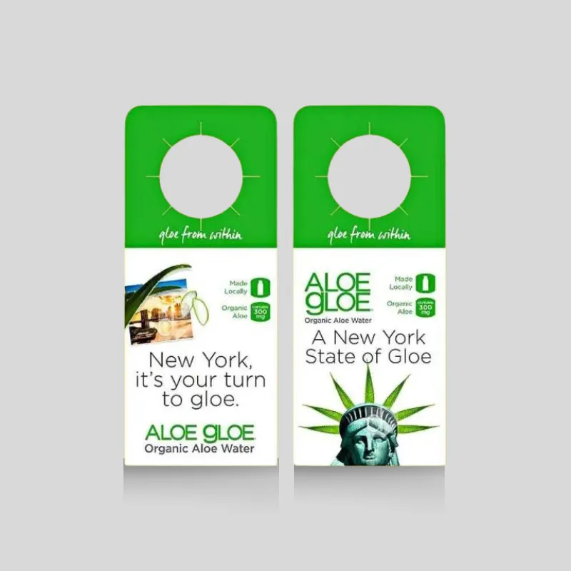 Custom two-sided printed bottle neckers displaying marketing promotions on front and cocktail recipes on reverse