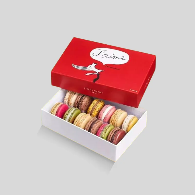Branded custom macaron box showing full-color CMYK print and matte finish