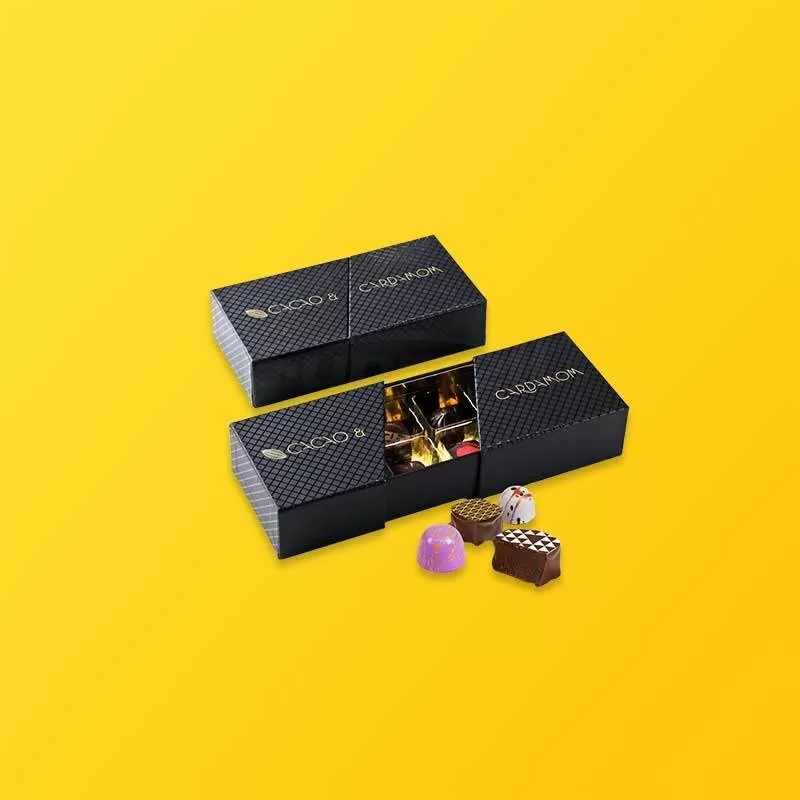 Gold foiled drawer boxes with slide-out rigid structure for luxury unboxing