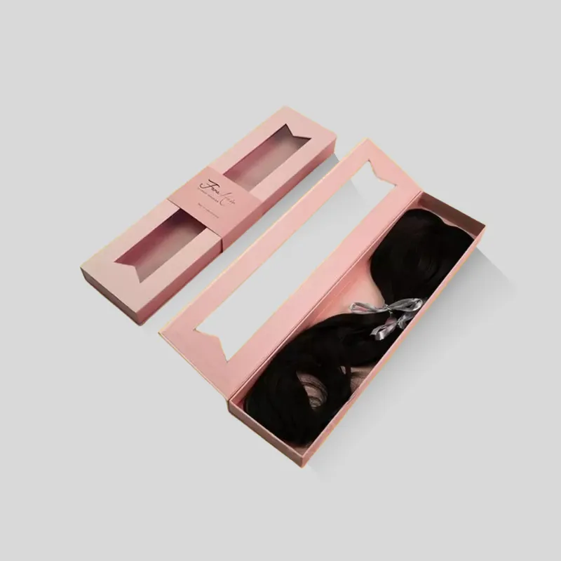 Custom hair extension box with clear PET display window revealing hair texture and shade