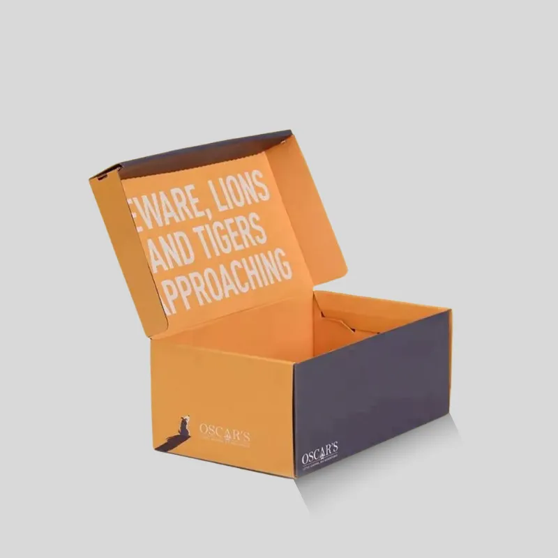 Angled view of custom shoe box showing precision lid fit and structural sidewall construction