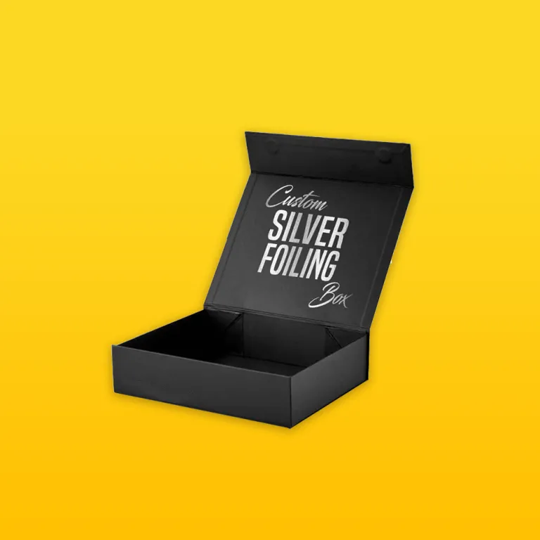 Silver foiled rigid boxes for sturdy premium packaging with metallic artwork details