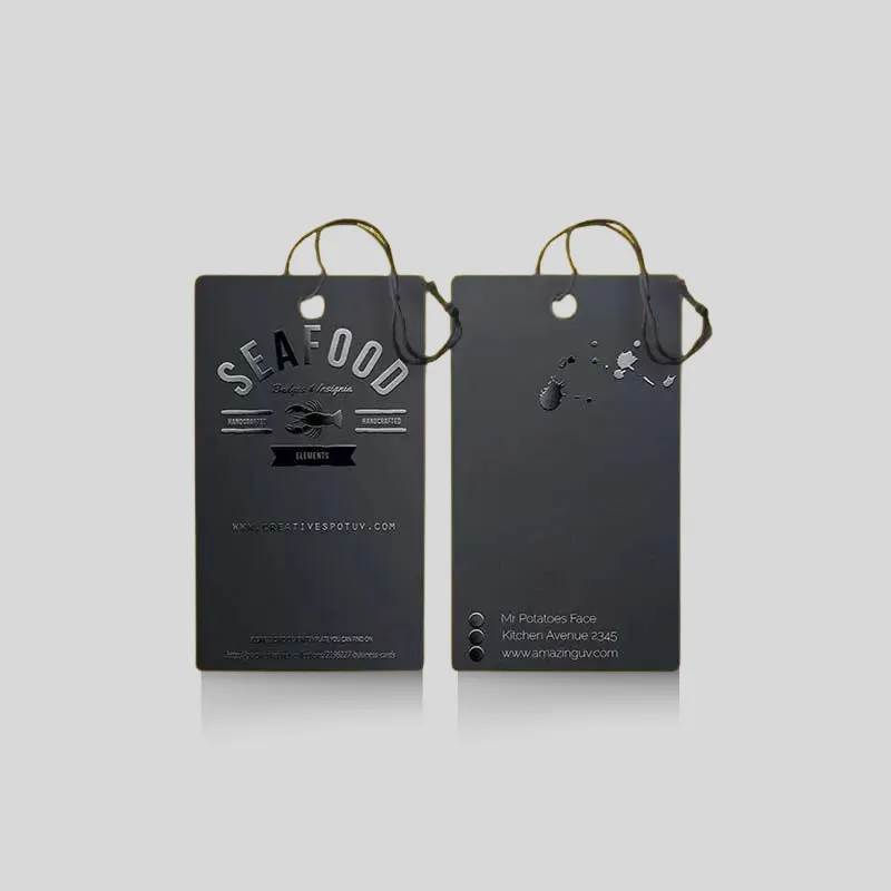 Custom Spot UV printed hang tags featuring contrasting glossy highlights against a smooth matte background