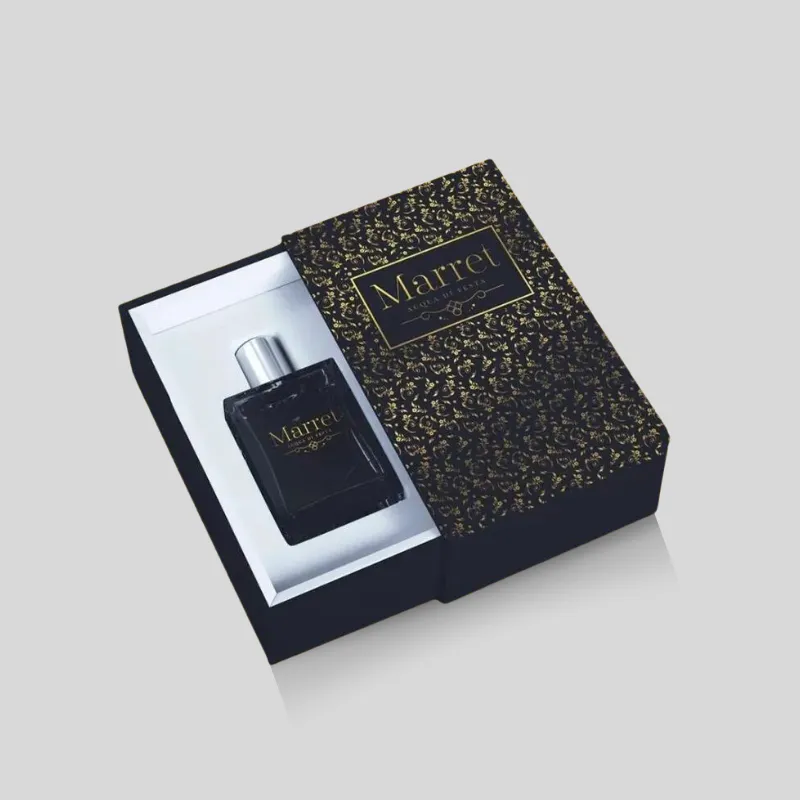 Two-piece perfume box with separate lid and base for a centered presentation