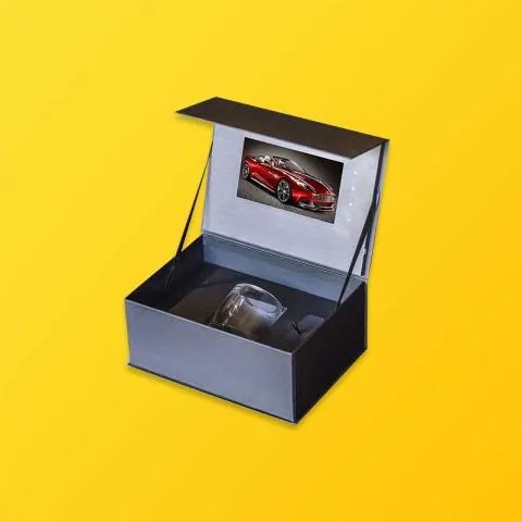 Interactive custom video booklet boxes equipped with LCD screen displays and custom printed packaging