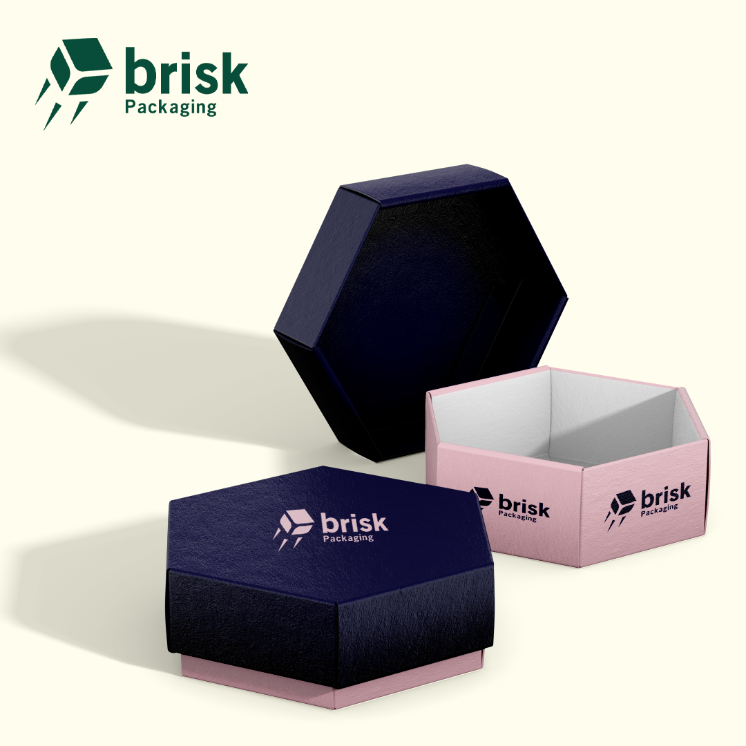 Luxury custom hexagon boxes arranged for retail shelf display and unboxing presentation
