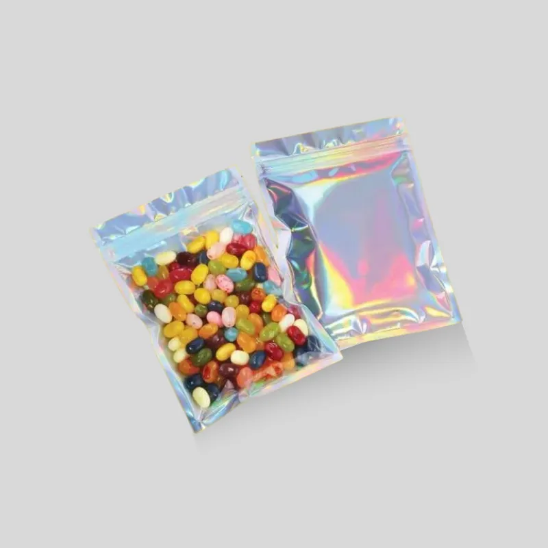 Holographic custom mylar bags with eye-catching rainbow metallic reflective finish