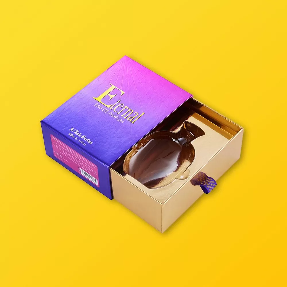 Drawer-style perfume package with sliding tray and presentation insert