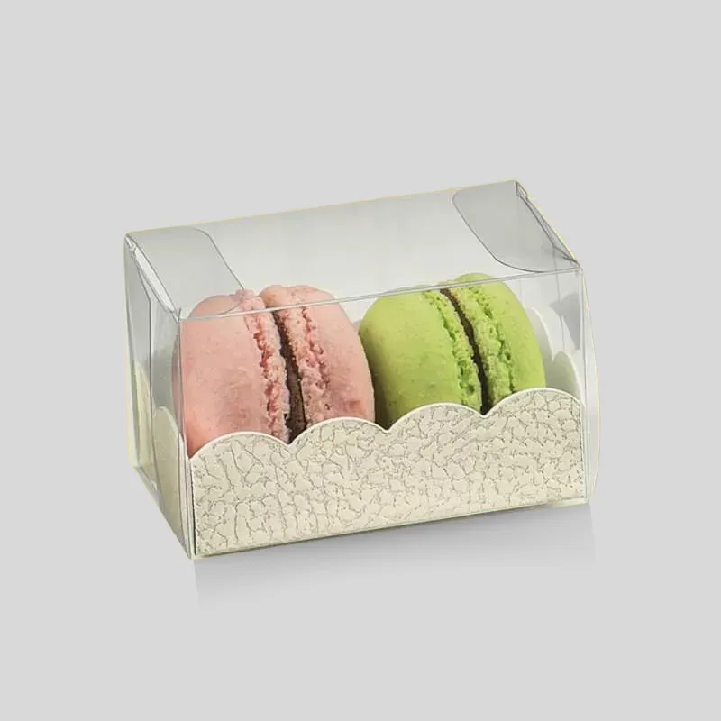 Custom macaron box with clear lid window revealing colored macaron shells