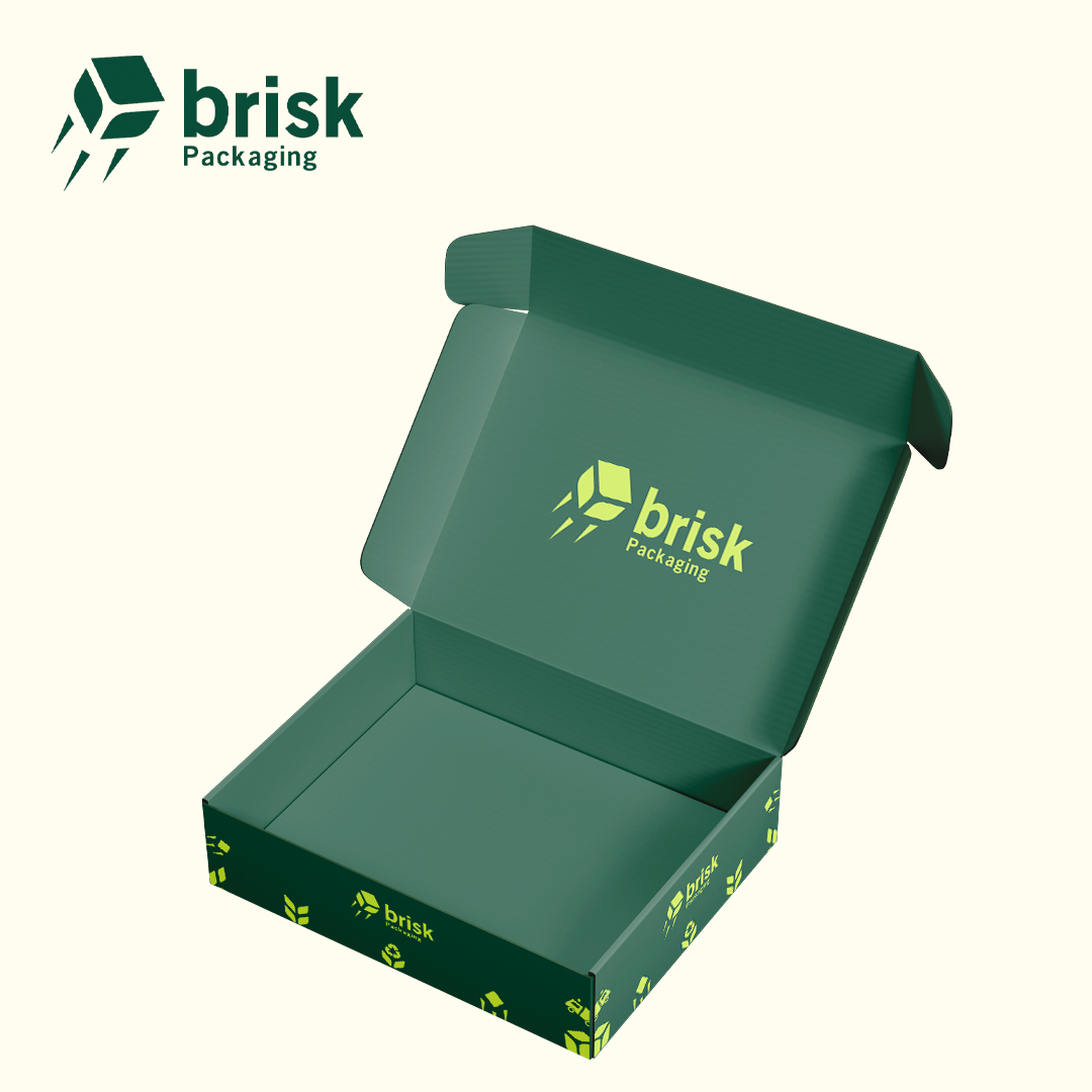 Custom green Brisk mailer box opened to show branded packaging structure