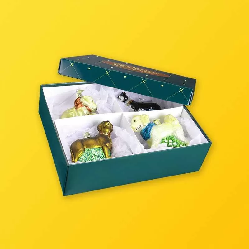 Custom seasonal ornament gift box featuring a clear PET display window and protective cavity insert