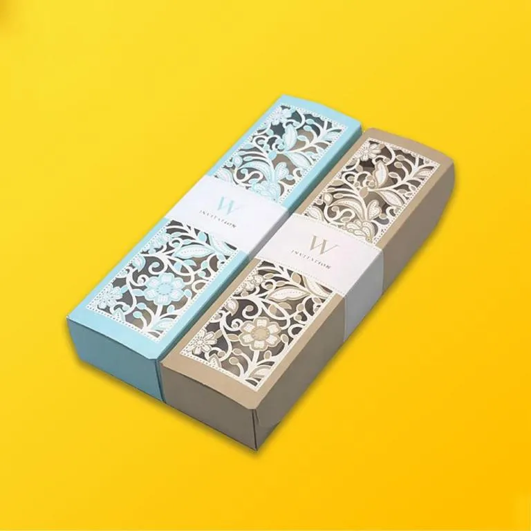 Personalized wedding card and keepsake gift boxes with embossed typography and rigid board structure