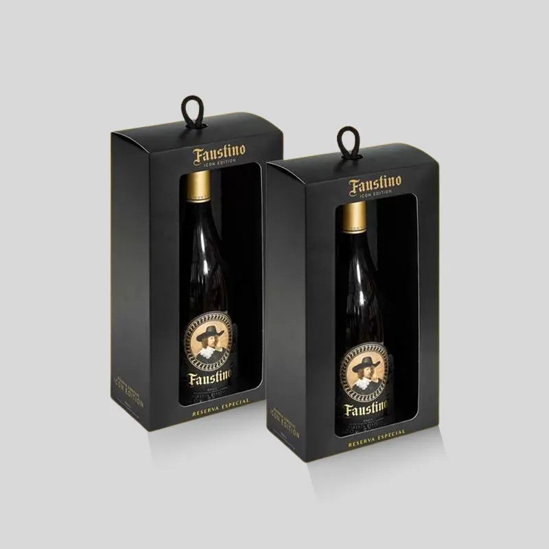 Custom wine boxes with clear die-cut PET display windows for bottle label visibility